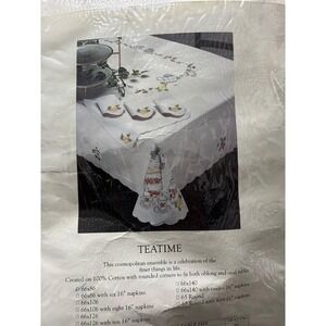 Vintage Teatime by‎ Jabra cross stitched tablecloth 66"x86" with napkins set